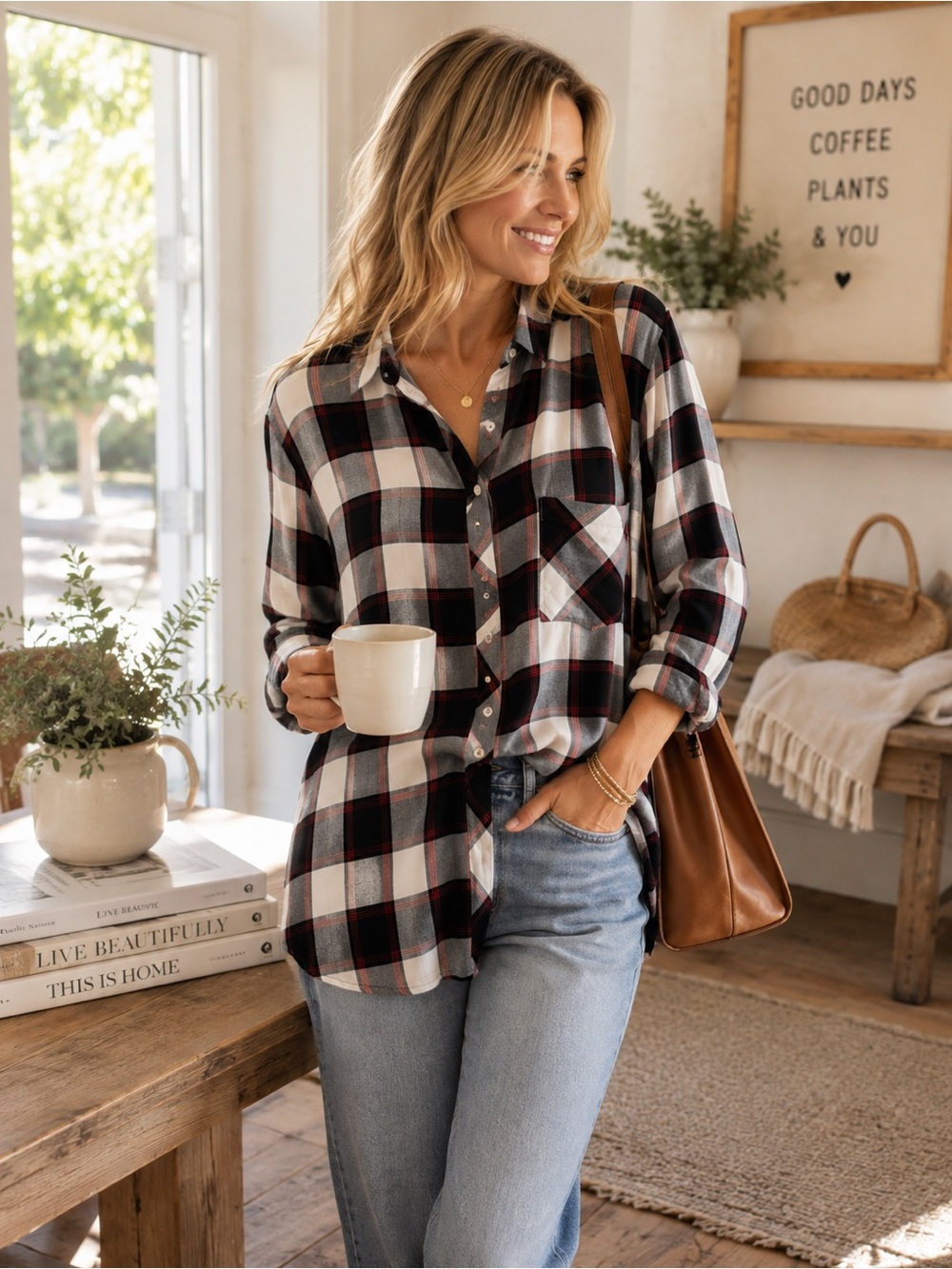 Como Vintage Plaid Button Down Shirt Black Ivory Red Size L Rayon